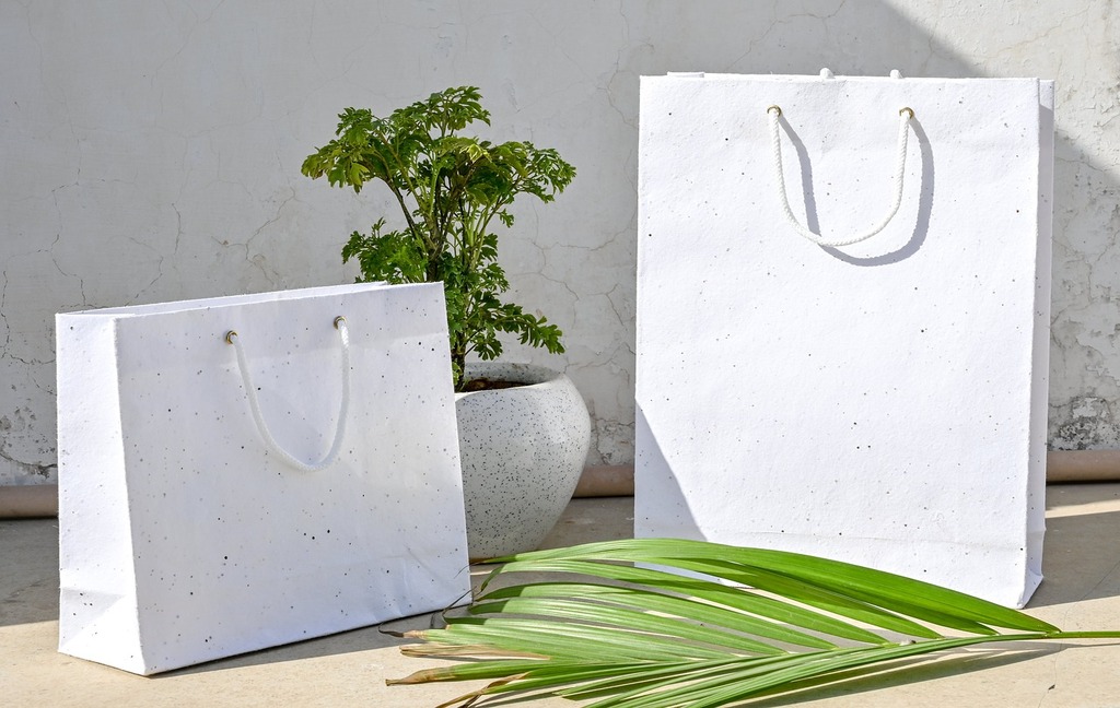 Bolsas de regalo blancas enseguida de planta verde